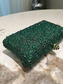 1件深綠色亮片雙面水鑽裝飾小手拿包晚宴包，附金屬斜跨鏈條，時尚優雅經典晚宴包，新娘包，適合晚宴、正式宴會、婚禮、舞會、聚會、音樂節，女性使用，送給女性的禮物 - 墨綠色 - 查看 5