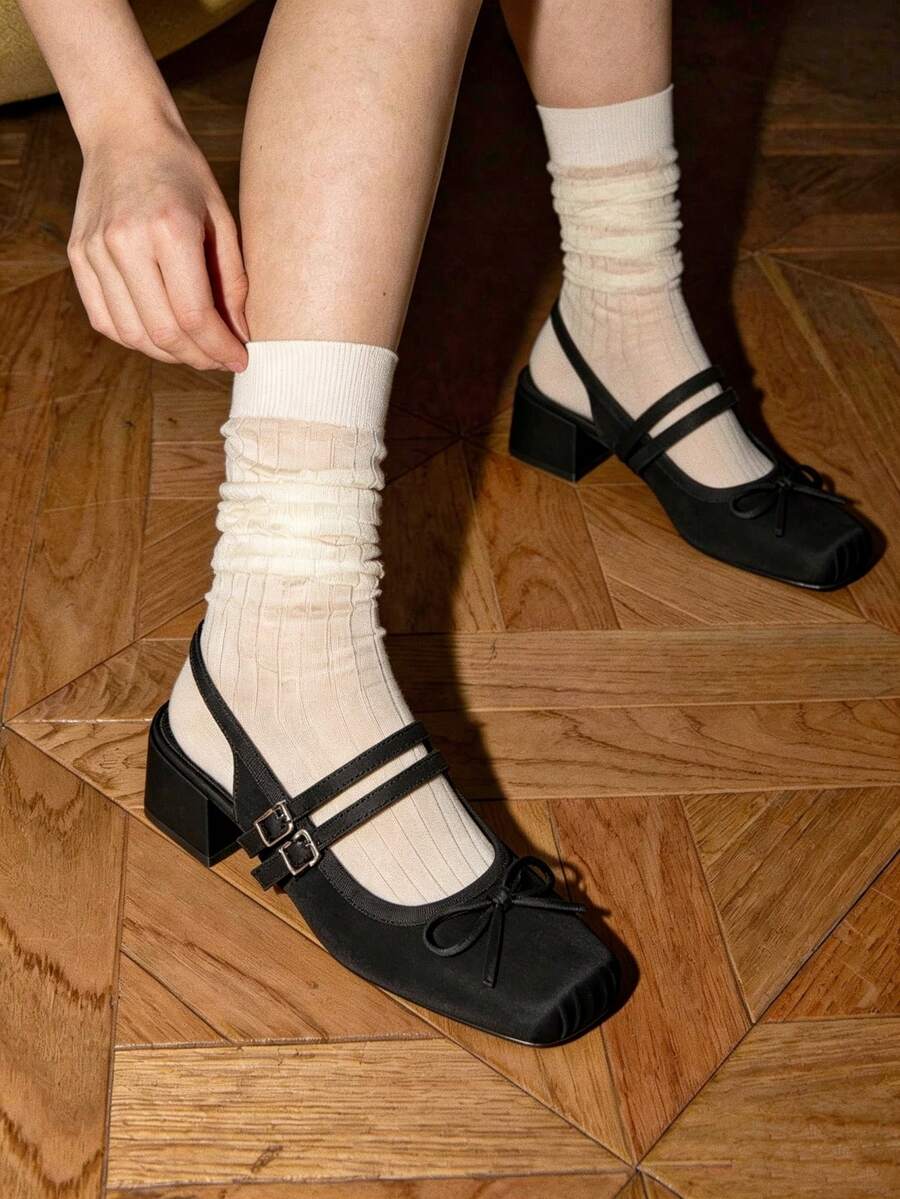 Elegant Cute Womens Ballet High Heels Round Toe Bow Decors Lace Up Block Heel Ballerina Dancing Shoes Party Dressy Occasions Heeled Shoes - 黑色(2) - 查看 1