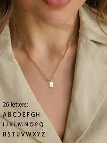 1pc Fashionable Stainless Steel Rectangular 26 Letter Pendant Necklace For Women, Suitable For Daily Wear, Birthday Gift - Yellow Gold - View 5