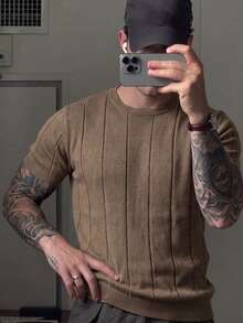 Suéter de manga corta de punto acanalado, cuello redondo, fino y holgado para hombre, primavera/verano - Marrón - Ver 2