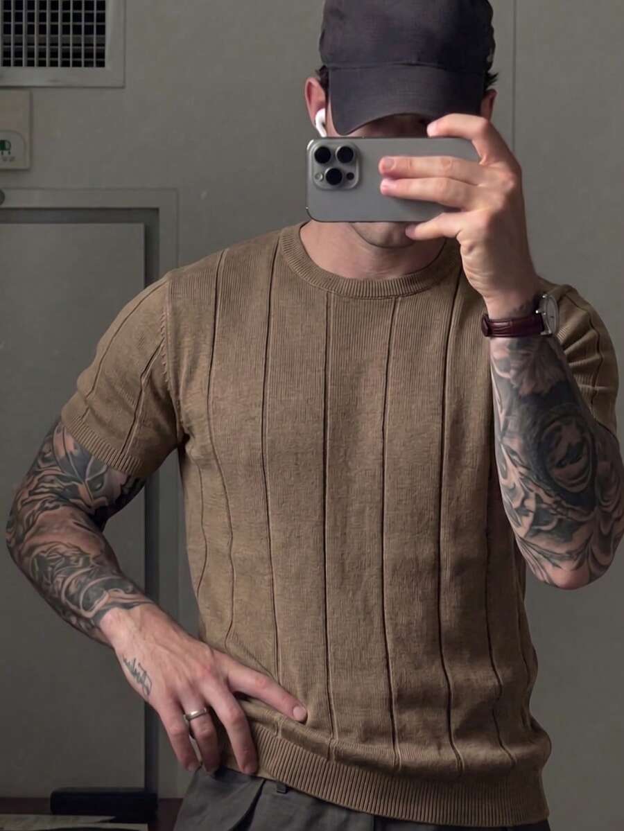 Suéter de manga corta de punto acanalado, cuello redondo, fino y holgado para hombre, primavera/verano