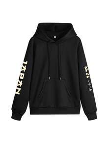 1pc Men's Y2K Style Graffiti Face Print Loose Pullover Sweatshirt, Warm Drawstring Pullover Sweatshirt Black Casual Fall - Black - View 3
