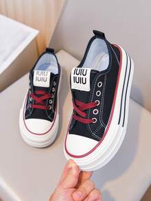 1 Pair 2026 New Thick Sole Canvas Shoes For Girl, Black & Red Color Block Platform Sneakers, Versatile Breathable Casual Skate Shoes For Girls - Burgundy - View 9