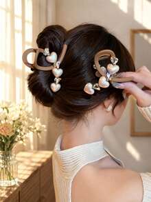 topshiny 1pc French Pearl Heart Rhinestone Hair Clip, Elegant Sweet Hair Accessory, Suitable For Women And Girls Daily Wear - Multicolor - View 11