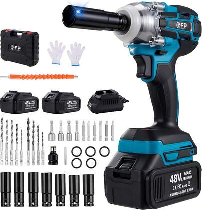 Llave de Impacto Inalámbrica 1/2, Sin Escobillas Pistola de Impacto, Juego de Herramientas Eléctricas con 2 Baterías y 30 Accesorios, Ideal para Reparaciones de Automóviles y Hogar.