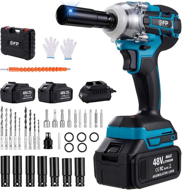 Llave de Impacto Inalámbrica 1/2, Sin Escobillas Pistola de Impacto, Juego de Herramientas Eléctricas con 2 Baterías y 30 Accesorios, Ideal para Reparaciones de Automóviles y Hogar.