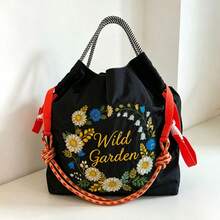 1件新款休閒刺繡花環圖案尼龍大容量可折疊購物袋，適合通勤、海灘、派對，可調節肩帶女款單肩斜挎托特包 - 彩色 - 查看 3