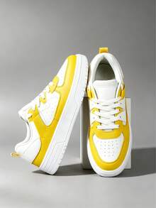 Women's Yellow & White Sneakers, Lightweight Lace-Up Casual Shoes For Everyday Errands, Dog Walking, Gardening, Picnic, Budget-Friendly Footwear - 黃色 - 查看 3