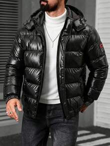 Men's Winter Shiny Detachable Hood Long Sleeve Warm Padded Coat - Black - View 2