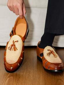 Men's Woven Tassel Roman Sandals With Adjustable Buckle, Hollow Upper, Flat Sole, Summer Casual Dress Shoes, Vintage Brown, Commuter Casual Formal Shoes - Brown - View 3