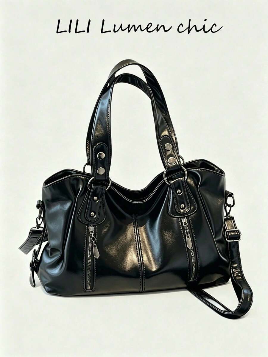 This Is A Stylish And Versatile Shoulder Bag. It Has A Large Capacity, A Solid Color Design, And Is Made Of Vintage PU Material. A Perfect Choice For Going To Work, With An Ape - Light Grey - View 1