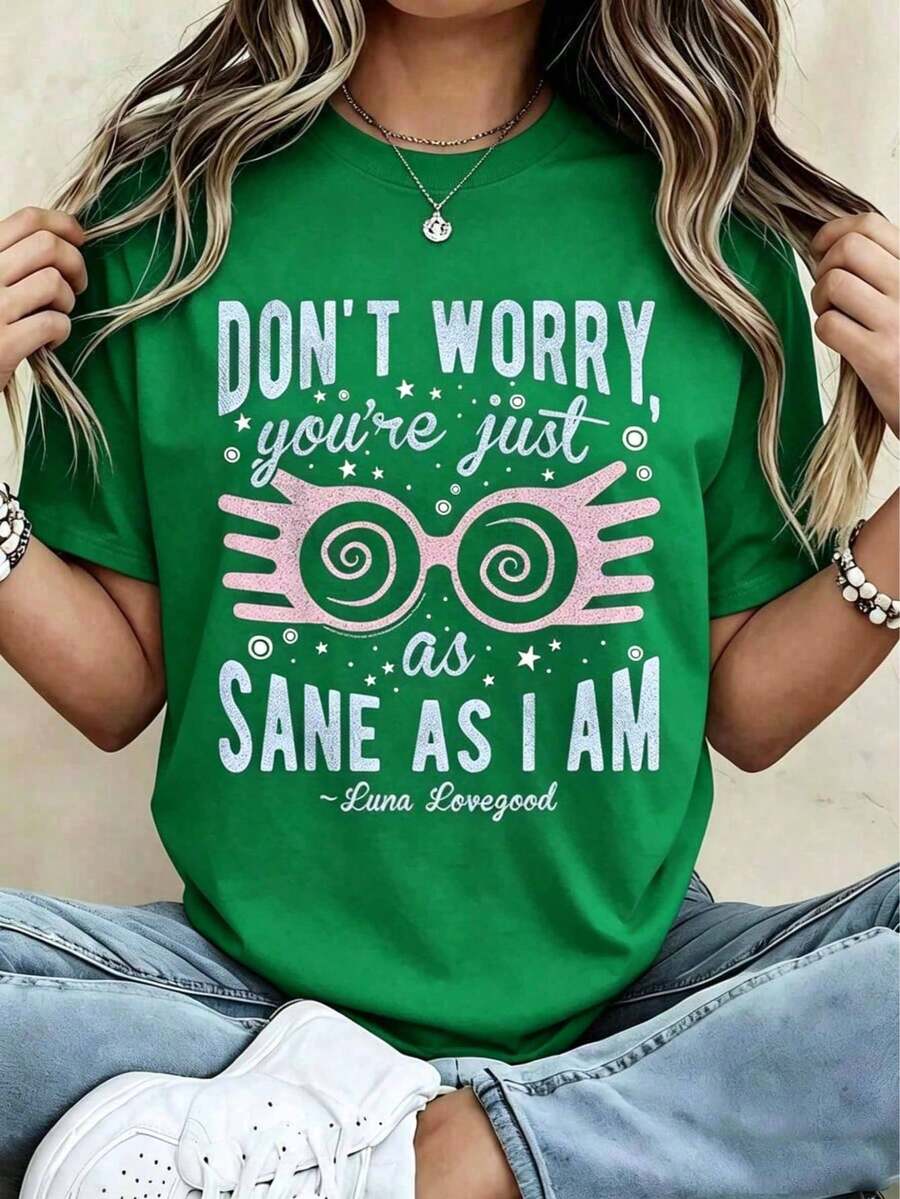 New Warner Bros. T-Shirt, Printed With The Phrase "Don't Worry, You're As Healthy As I Am," Inspired By The Famous Luna Lovegood Quote, Suitable For Women, Casual Printed T-Shirt - 綠色 - 查看 1