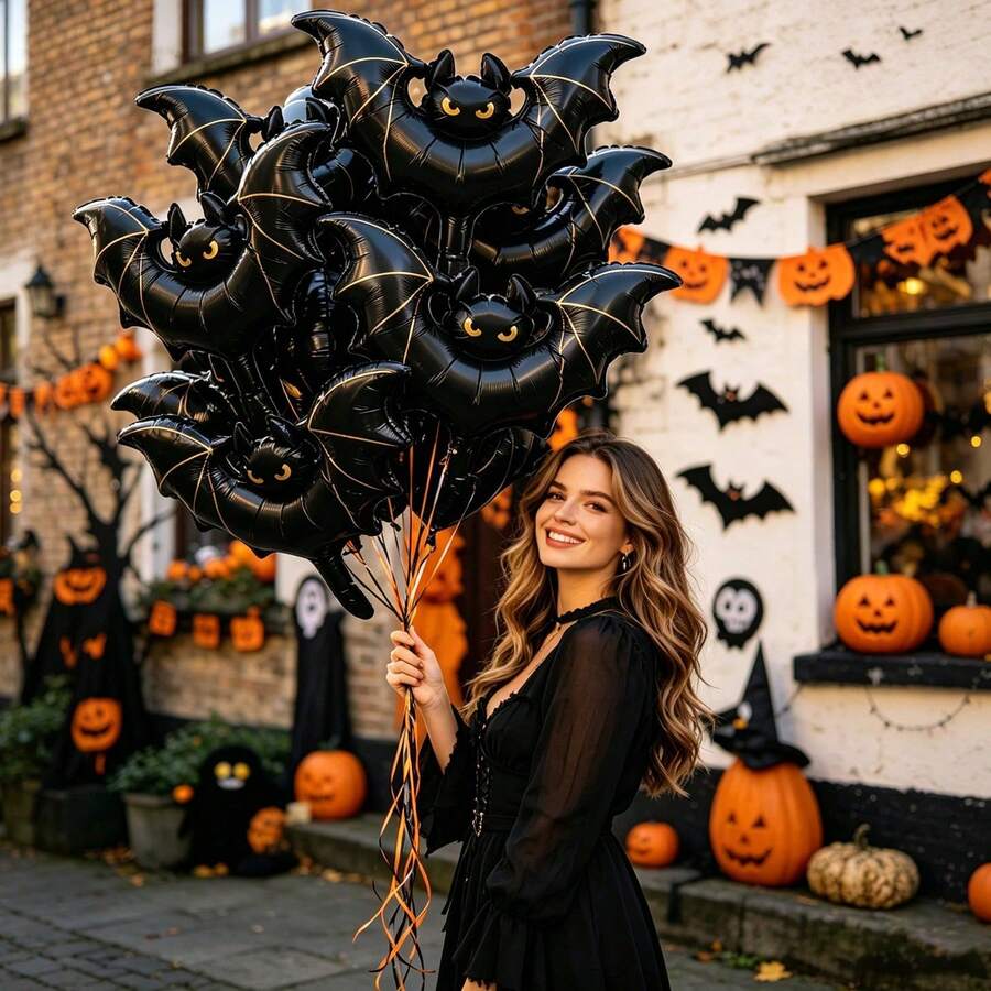 Matte Black & Gold Bat Foil Balloons Halloween Dark Style Wall Decor Aluminum Foil Balloons Adult Undead Party Backdrop Photo Props Bar Window Display Atmospheric Inflatable Decoration Balloon Set - Multicolor - View 1