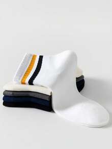 5 Pairs Men's Back To School Contrast Striped Mid-Calf Socks, Comfortable Moisture-Wicking Versatile Casual Sports Socks - Multicolor - View 3