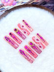 10pcs Nude Pink To Magenta Gradient Sequin Long Press-On Nails, 3D White Flower With Gold Frame Magenta Rhinestone Glossy Fake Nails, Suitable For Summer Vacation, Graduation Prom, World Cup Match Day Party And Daily Wear, Includes 1pc Jelly Glue + 1pc Mini Nail File - Hot Pink - View 1