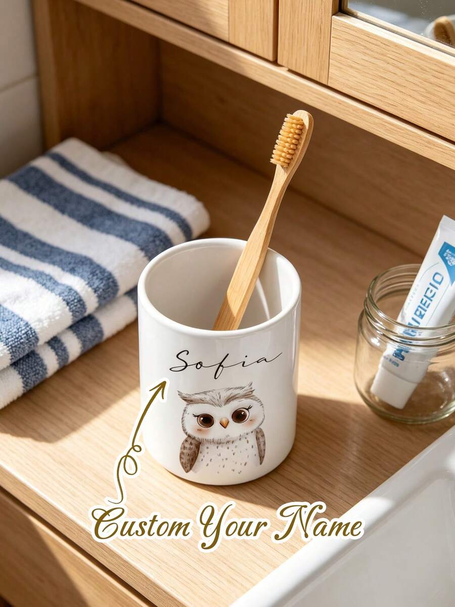 Customizable Personalized Name Ceramic Toothbrush Holder Cup, Custom Engraved Animal Pattern Ceramic Toothbrush Storage Cup, Fine Ceramic Glaze Smooth And Easy To Clean, One-Piece Molded Sturdy And Resistant To Bumping, Minimalist Animal Pattern Fresh And , Ample Capacity To Hold Toothbrush, Toothpaste And Toiletries, Waterproof And Moisture-Proof Long-Lasting Use Without Mold, Suitable For Renters, Singles And Couples - Multicolor - View 1
