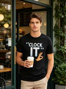 Camiseta de hombre, estilo casual, diseño Clock It con gesto de mano, 100% algodón puro, corte cómodo, para jóvenes y adultos, ideal para uso diario, - Negro - Ver 2