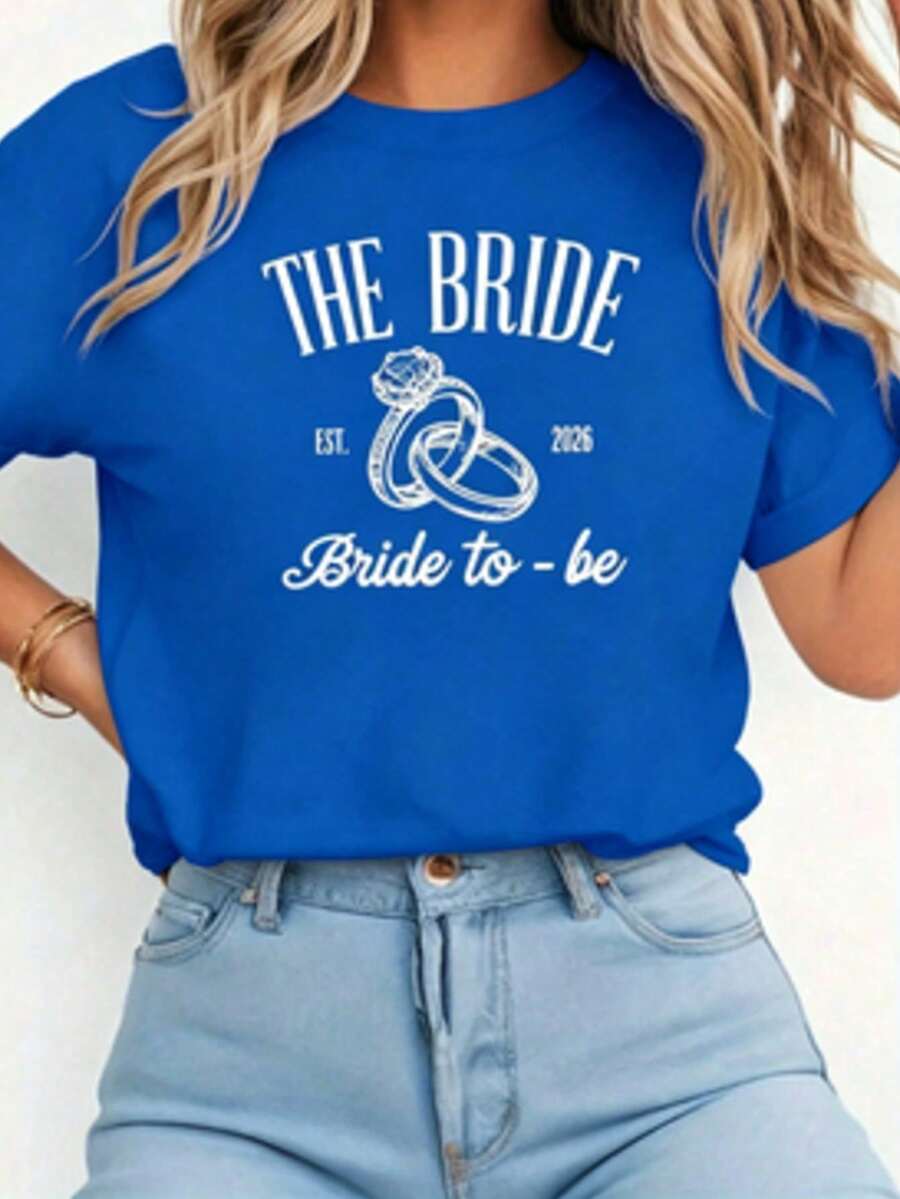 LA NOVIA Est. Women's T-Shirt With Engagement Ring Print "06 Future Bride", For Bachelorette Party, Wedding Preparation, Simple And Elegant, Short Sleeve, Casual For Daily Wear - 藍色 - 查看 1