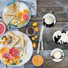 6pcs/Set Round Wooden Coasters, Perfect Cat-Themed Coaster Set, Suitable For Home And Kitchen Decor, Enhance Your Tabletop Style, Suitable For Coffee Table, Dining Room And Living Room Entertainment, Applicable To Various - Multicolor - View 5