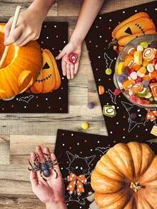 1 pieza Mantel individual con patrón de calabaza de Halloween y gato negro, adecuado para decoración de fiesta de Halloween, mantel de mesa para cena familiar, decoración de mesa de postres de fiesta, mesa de evento festivo y decoración de restaurante con temática de sala de escape - Talla única - Ver 3