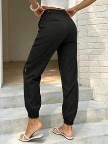 Women's Casual Solid Color Pocketed Drawstring Pants - Black - View 3
