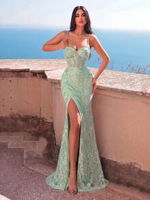 Faeriesty Elegant High-End Charm Lace-Up Back Beaded Spaghetti Strap Formal Gown & Evening Dress Wedding Party Fall - Mint Green - View 5