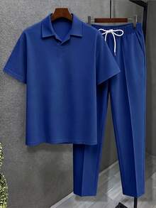 Men's Plus Size 2-Piece Set, Summer Short Sleeve Top And Pants, Men's Plus Size Solid Color T-Shirt Set - Blue - View 2