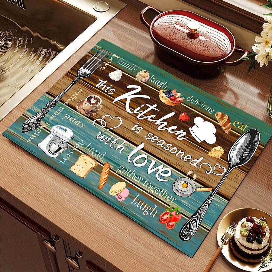 1pc Wood Grain Kitchen Theme Diatomaceous Earth Countertop Mat, Highly Absorbent, Suitable For Tableware, Coffee Machine, Microwave, Etc. Fashionable Watercolor Design, Ideal Choice For Modern Kitchen.