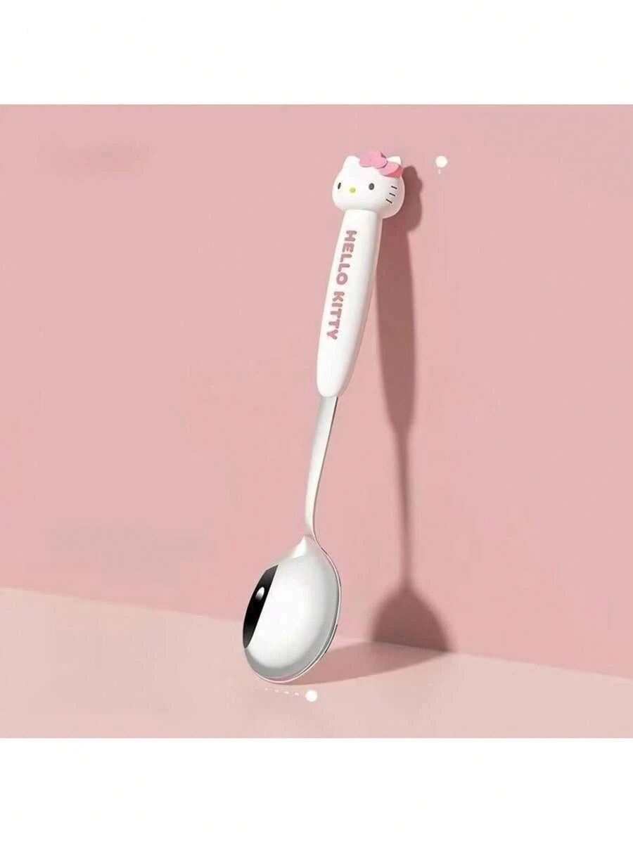 Cute Sanrio Tableware, With 3D Cartoon Silicone Handle, High Polished Stainless Steel Spoon/Fork, Soft Heat-Insulating Handle Anti-Scald, 3 Cute Macaron Colors, Suitable For Daily Dining Decoration, Small Gift For Sanrio Fans - Multicolor - View 1