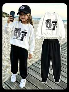 Young Girl Crew Neck Letter & Number Print Long Sleeve Sweatshirt And Sweatpants Casual Daily Set - Black - View 5