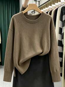 GIGOGOU Autumn/Winter Women's Loose Drop Shoulder Knit Sweater With Ribbed Trim, Minimalist Casual Pullover, Premium Comfortable - Coffee Brown - View 5