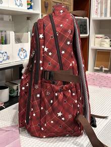 星星印花後背包,復古學院風學生書包,大容量多功能通勤後背包 - 紅色 - 查看 7