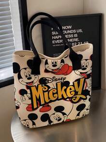 Back To School Disney Mickey Minnie Full Print Canvas Tote Bag, Large Capacity Cute Star Pattern Pink Ribbon Shoulder Bag, Women Girls Daily Commute Shopping Casual Handbag - Multicolor - View 3