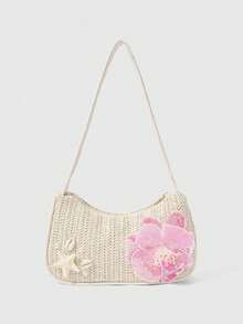 Bolso de Hombro Elegante de Moda Coreana, Bolso Bandolera Versátil para Uso Diario de Mujeres - Bolso de paja blanco con rayas horizontales y estrella de mar amarilla. - Ver 1
