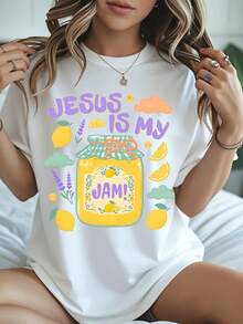Jesus é meu geleia, estampa colorida com frutas e nuvens, estilo casual e divertido, para uso diário no verão, ideal para presentear amigos ou familiares crentes - Branco - Visão 1