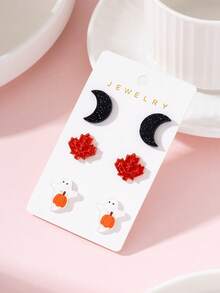 3 Pairs/Set Halloween Shiny Moon, Maple Leaf, Ghost, Pumpkin Stud Earrings Set, Fashionable Jewelry Earrings For Women, Perfect Gift For Holiday Parties - Multicolor - View 2