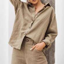 Spring/Summer 2026, European And American Fashion, Women's Loose Fit Long Sleeve Shirt With Reversible Collar In Cotton And Linen - 灰色 - 查看 3