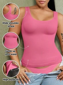 1pc Women's Seamless Black Plus Size Tummy Control Shapewear Top, Light Compression Waist Trainer - Pink - View 3