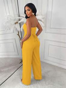 AIJ Amarilo 優雅黃色平口束腰兩件套，金屬鈕扣上衣與直筒長褲，女款正式辦公商務夏季套裝 - 薑黃色 - 查看 2