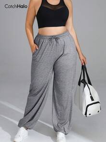 Plus Size Women Loose Casual Pants, Elastic Waistband, Drawstring, Pockets, Soft, Wide Leg, Suitable For Fitness & Yoga Sports Fall - Grey - View 10