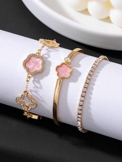 Set de 3 pulseras de mujer de lujo elegantes y brillantes con trébol de cuatro hojas hueco en color rosa dulce y dorado