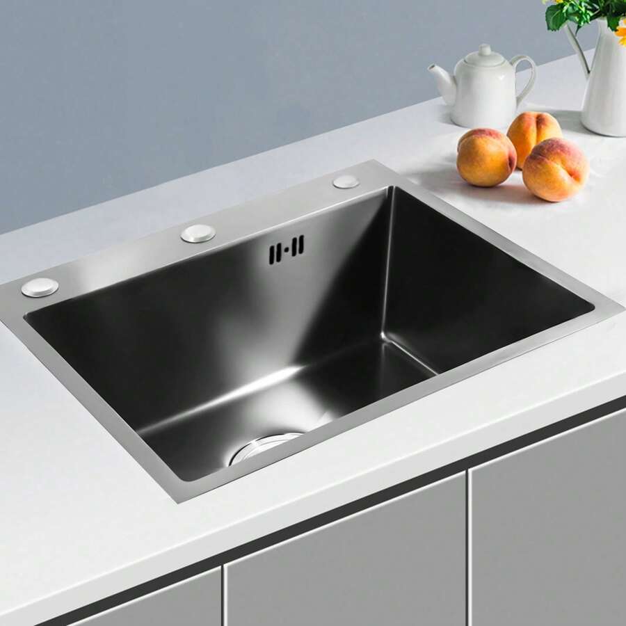 45 X 50 Cm Kitchen Sink Stainless Steel With Holes For Tap And Soap Dispenser Built With Strainer Basket Valve And Overflow Set - Black - View 1