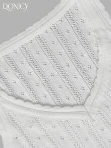 DONICY 女款白色V領鏤空針織修身背心上衣，春夏季休閒日常穿搭 - 白色 - 查看 3