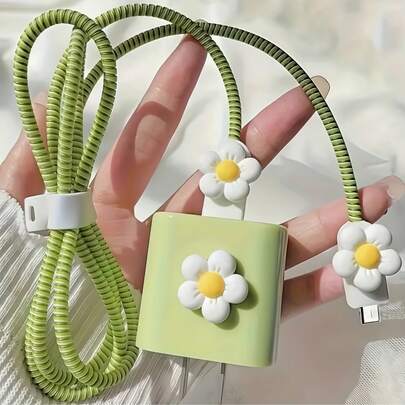 Matcha Green Flower Decorations Are Compatible With Apple Charging Cable Protectors
