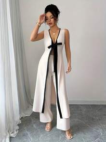 Conjunto de canguro sin mangas con cuello en V y pantalones de pierna ancha, estilo urbano casual y elegante K601, para primavera y verano - Blanco - Ver 8