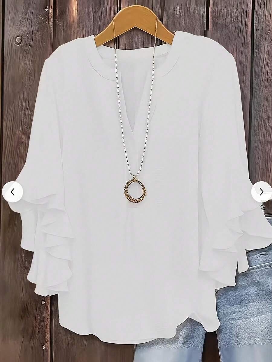 Size - Size - Women's Blouse With Ruffles And Three-Quarter Sleeves, Solid Color, Casual Loose Fashion, V-Neck, For Business - 白色 - 查看 1