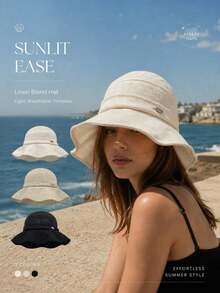 1pc Women's Linen Blend Wide Brim Bucket Hat, Textured Jacquard Wavy Brim Sun Hat, Lightweight Breathable Summer Hat, Suitable For Beach And Travel - A - View 4