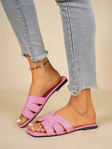 2026 Summer New Women's Square Toe Open Toe H-Strap Sandals, Soft Sole Mule Sandals, Vacation Style Women's Summer Sandals, Comfortable Women's Sandals, Slouchy Slip-On Women's Sandals, Fashionable Cute Women's Flat Sandals, Women's Vacation Sandals, Women's Pink Sandals, Elegant Women's Sandals, Simple Comfortable Daily Casual Flat Beach Shoes, Soft Sole Plus Size Women's Beach Sandals - Pink - View 5