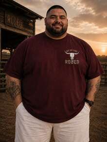 Men's Plus Size Short Sleeve T-Shirt, Summer Casual Retro Western Cowboy Style Graphic Print, Front And Back Graphic Print, Soft And Elastic Fabric, Comfortable To Wear - Burgundy - View 2
