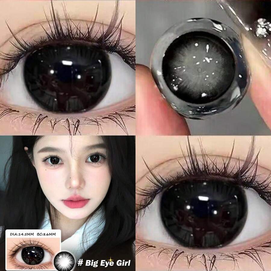 Leermoo One Pair Of Snowflake Black Color Contact Lenses Yearly Use Prescription 14.5mm DIA 8.6mm BC Big Eye Girl Natural Enlargement Small Pupil Effect Daily Cosmetic Color Contacts, Enhanced Eye Beauty, Photo-Ready Glam Look, Party Makeup